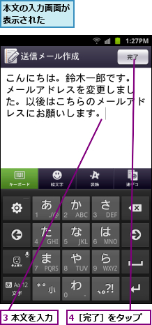3 本文を入力,4［完了］をタップ,本文の入力画面が表示された  