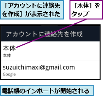 電話帳のインポートが開始される,［アカウントに連絡先を作成］が表示された,［本体］をタップ  
