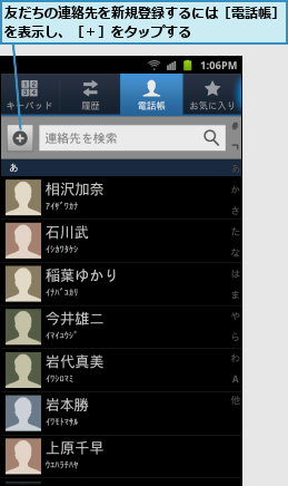 友だちの連絡先を新規登録するには［電話帳］を表示し、［＋］をタップする      
