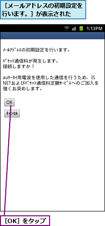 ［OK］をタップ,［メールアドレスの初期設定を行います。］が表示された  