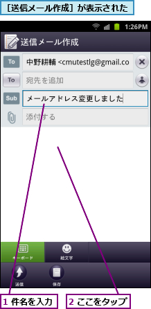 1 件名を入力,2 ここをタップ,［送信メール作成］が表示された