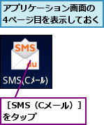 アプリケーション画面の　4ページ目を表示しておく,［SMS（Cメール）］をタップ    