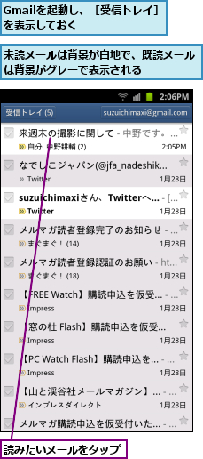 Gmailを起動し、［受信トレイ］を表示しておく      ,未読メールは背景が白地で、既読メールは背景がグレーで表示される    ,読みたいメールをタップ