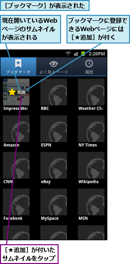 ブックマークに登録できるWebページには ［★追加］が付く,現在開いているWebページのサムネイルが表示される,［★追加］が付いたサムネイルをタップ,［ブックマーク］が表示された