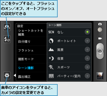 ここをタップすると、フラッシュのオン／オフ、オートフラッシュの設定ができる,歯車のアイコンをタップすると、カメラの設定を変更できる　　　