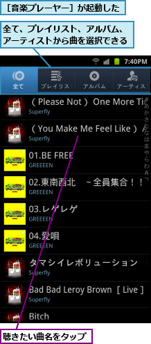 全て、プレイリスト、アルバム、アーティストから曲を選択できる,聴きたい曲名をタップ,［音楽プレーヤー］が起動した