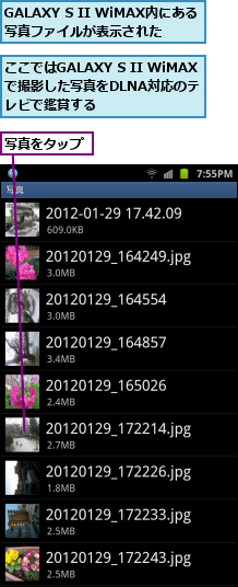GALAXY S II WiMAX内にある写真ファイルが表示された　　　,ここではGALAXY S II WiMAXで撮影した写真をDLNA対応のテレビで鑑賞する,写真をタップ