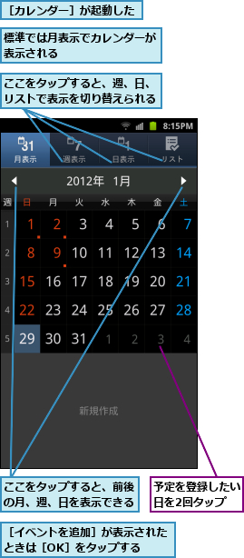 ここをタップすると、前後の月、週、日を表示できる,ここをタップすると、週、日、リストで表示を切り替えられる,予定を登録したい日を2回タップ,標準では月表示でカレンダーが表示される　　　　　　　　,［イベントを追加］が表示されたときは［OK］をタップする　　　,［カレンダー］が起動した