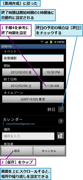 1 手順4を参考に終了時間を設定,2［保存］をタップ,画面を上にスクロールすると、場所や繰り返しを設定できる,終了時間は開始時間の1時間後に自動的に設定される　　　　　,終日の予定の場合は［終日］をチェックする　　　　　,［新規作成］に戻った