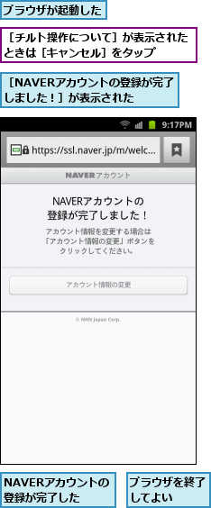 NAVERアカウントの登録が完了した,ブラウザが起動した,ブラウザを終了してよい　　,［NAVERアカウントの登録が完了しました！］が表示された,［チルト操作について］が表示されたときは［キャンセル］をタップ　　　