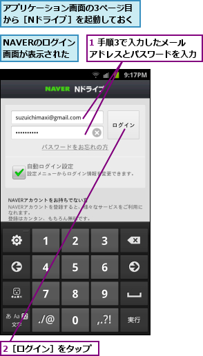 1 手順3で入力したメール　　アドレスとパスワードを入力,2［ログイン］をタップ,NAVERのログイン画面が表示された　　,アプリケーション画面の3ページ目から［Nドライブ］を起動しておく