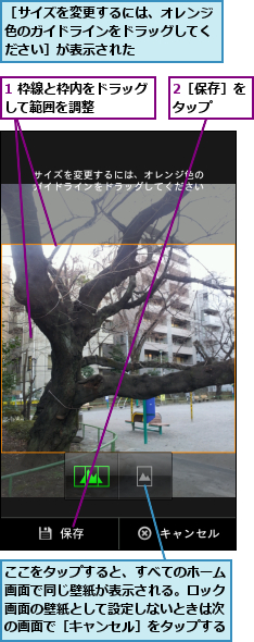 1 枠線と枠内をドラッグして範囲を調整　　　　,2［保存］をタップ　　　,ここをタップすると、すべてのホーム画面で同じ壁紙が表示される。ロック画面の壁紙として設定しないときは次の画面で［キャンセル］をタップする,［サイズを変更するには、オレンジ色のガイドラインをドラッグしてください］が表示された