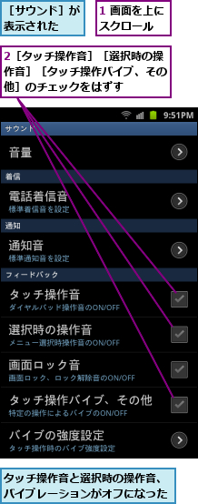 1 画面を上にスクロール　,2［タッチ操作音］［選択時の操作音］［タッチ操作バイブ、その他］のチェックをはずす,タッチ操作音と選択時の操作音、バイブレーションがオフになった,［サウンド］が表示された　