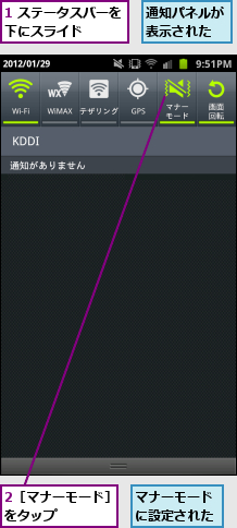 1 ステータスバーを下にスライド　　　,2［マナーモード］をタップ　　　　,マナーモードに設定された,通知パネルが表示された