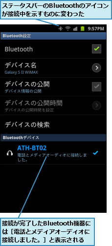 ステータスバーのBluetoothのアイコンが接続中を示すものに変わった,接続が完了したBluetooth機器には［電話とメディアオーディオに接続しました。］と表示される