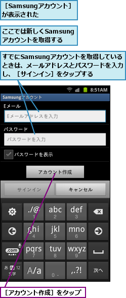 ここでは新しくSamsungアカウントを取得する,すでにSamsungアカウントを取得している　ときは、メールアドレスとパスワードを入力し、［サインイン］をタップする,［Samsungアカウント］が表示された　,［アカウント作成］をタップ