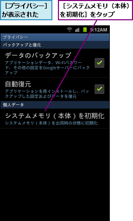 ［システムメモリ（本体）　を初期化］をタップ　　　　,［プライバシー］　　が表示された　　　　