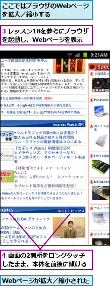 3 レッスン18を参考にブラウザを起動し、Webページを表示,4 画面の2箇所をロングタッチ　したまま、本体を前後に傾ける,Webページが拡大／縮小された,ここではブラウザのWebページを拡大／縮小する　　　　　