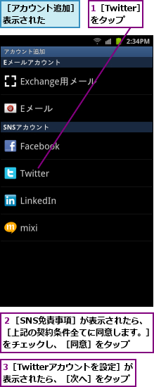 1［Twitter］をタップ,3［Twitterアカウントを設定］が　　表示されたら、［次へ］をタップ  ,２［SNS免責事項］が表示されたら、　　　［上記の契約条件全てに同意します。］　　をチェックし、［同意］をタップ,［アカウント追加］が表示された    