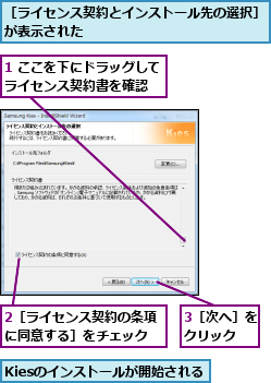 1 ここを下にドラッグしてライセンス契約書を確認　　,2［ライセンス契約の条項に同意する］をチェック,3［次へ］をクリック　　,Kiesのインストールが開始される,［ライセンス契約とインストール先の選択］が表示された　　　　　　　　　　　　　　