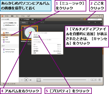 1［ミュージック］をクリック　　　,2 ここをクリック,3［マルチメディアファイルを自動的に追加］が表示されたときは、［キャンセル］をクリック,4 アルバムを右クリック,5［プロパティ］をクリック,あらかじめパソコンにアルバムの画像を保存しておく　　　　