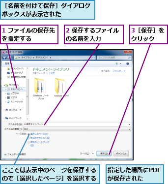 1 ファイルの保存先を指定する　　　　,2 保存するファイルの名前を入力　　　,3［保存］をクリック　　,ここでは表示中のページを保存するので［選択したページ］を選択する,指定した場所にPDFが保存された,［名前を付けて保存］ダイアログボックスが表示された　　　　