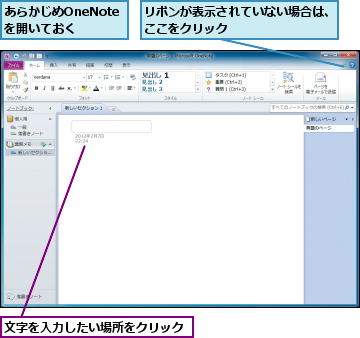 あらかじめOneNoteを開いておく　　,リボンが表示されていない場合は、ここをクリック　　　　　　　　,文字を入力したい場所をクリック