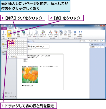 1［挿入］タブをクリック　　,2［表］をクリック,3 ドラッグして表の行と列を指定　　　,表を挿入したいページを開き、挿入したい　位置をクリックしておく　　　　　　　　　