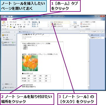 1［ホーム］タブをクリック　　,2 ノート シールを貼り付けたい場所をクリック　　　　　　　　,3［ノート シール］の［タスク］をクリック,ノート シールを挿入したいページを開いておく　　　