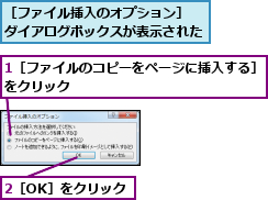 1［ファイルのコピーをページに挿入する］　をクリック　　　　　　　　　　　　　　　　,2［OK］をクリック,［ファイル挿入のオプション］　ダイアログボックスが表示された