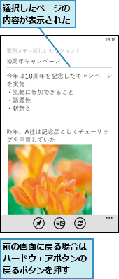 前の画面に戻る場合はハードウェアボタンの戻るボタンを押す,選択したページの内容が表示された