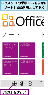 レッスン31の手順1〜2を参考に［ノート］画面を表示しておく,［新規］をタップ