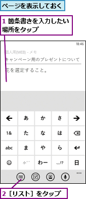 1 箇条書きを入力したい場所をタップ　　　　　,2［リスト］をタップ,ページを表示しておく