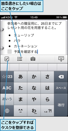 ここをタップすればタスクを登録できる,箇条書きにしたい場合はここをタップ　　　　