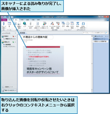 スキャナーによる読み取りが完了し、画像が挿入された                         ,取り込んだ画像を回転や反転させたいときは右クリックのコンテキストメニューから選択する