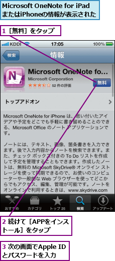 1［無料］をタップ,2 続けて［APPをインストール］をタップ　　,3 次の画面でApple IDとパスワードを入力,Microsoft OneNote for iPadまたはiPhoneの情報が表示された