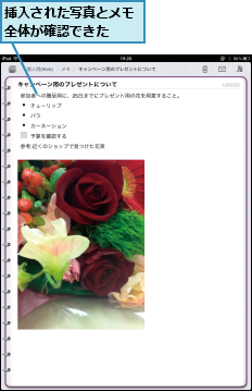 挿入された写真とメモ全体が確認できた  