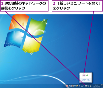 1 通知領域のネットワークの　接続をクリック    　　　　,2 ［新しいミニ ノートを開く］をクリック　　　　　　　　　　　