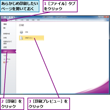 1［ファイル］タブをクリック　　　,2［印刷］をクリック　　,3［印刷プレビュー］をクリック　　　　　　,あらかじめ印刷したいページを開いておく