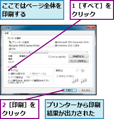1［すべて］をクリック　　,2［印刷］をクリック　　,ここではページ全体を印刷する　　　　　,プリンターから印刷結果が出力された