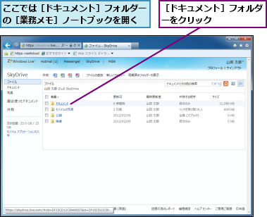ここでは［ドキュメント］フォルダーの［業務メモ］ノートブックを開く,［ドキュメント］フォルダーをクリック　　　　　　