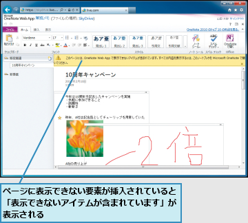 ページに表示できない要素が挿入されていると　「表示できないアイテムが含まれています」が　表示される