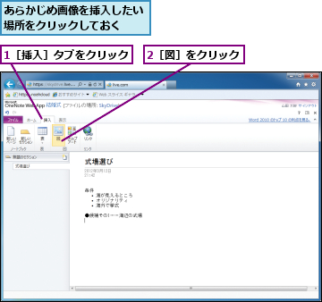 1［挿入］タブをクリック,2［図］をクリック,あらかじめ画像を挿入したい場所をクリックしておく　　
