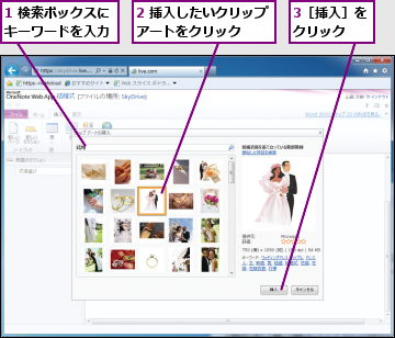 1 検索ボックスにキーワードを入力,2 挿入したいクリップアートをクリック　　　,3［挿入］をクリック　　