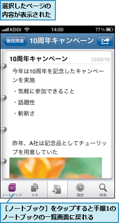 選択したページの内容が表示された,［ノートブック］をタップすると手順1の　　ノートブックの一覧画面に戻れる　　　　　　