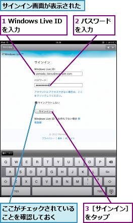 1 Windows Live IDを入力　　　,2 パスワードを入力　　　　,3［サインイン］をタップ　　　　,ここがチェックされていることを確認しておく　　　,サインイン画面が表示された