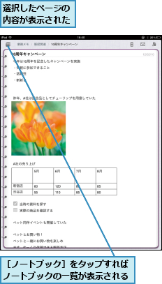 選択したページの内容が表示された,［ノートブック］をタップすればノートブックの一覧が表示される