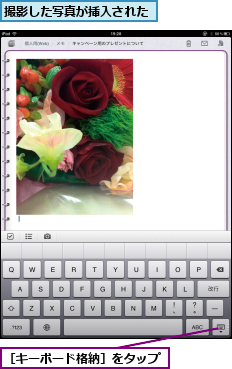 撮影した写真が挿入された,［キーボード格納］をタップ