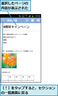 選択したページの内容が表示された,［↑］をタップすると、セクションの一覧画面に戻る        