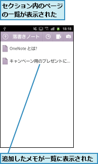 セクション内のページの一覧が表示された,追加したメモが一覧に表示された